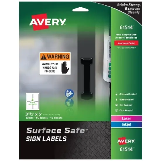 Avery Removable Label Safety Signs, 3-1/2" x 5", Printable, Water/Chemical Resistant, 60 Labels (61514) image {7}