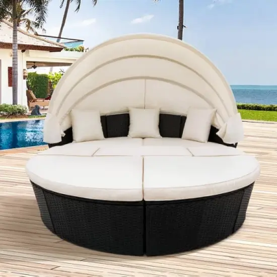 6pc Wicker Round Outdoor Sectional Set with Cushions - Black/Beige - GODEER image {2}