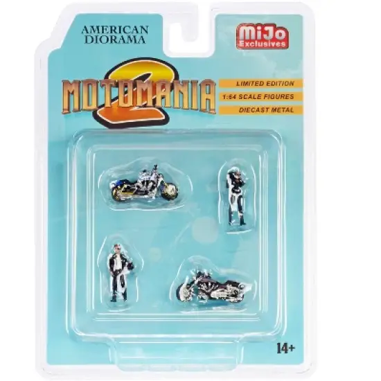 "Motomania 2" 4 piece Diecast Set (2 Figurines and 2 Motorcycles) for 1/64 Scale Models by American Diorama image {1}