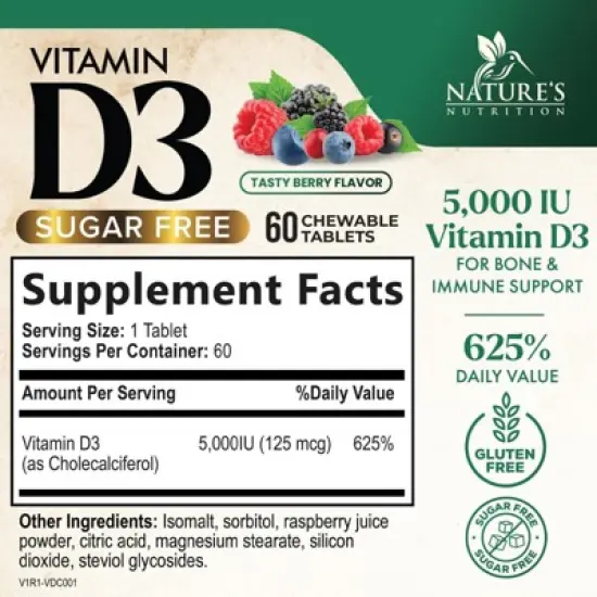 Vitamin D3 5000 IU (125 mcg) - Chewable Vitamin D Supplements for Bone, Teeth, Muscle & Immune Support, Sugar Free, Non-GMO - 60 Tablets image {1}
