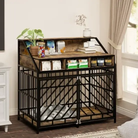 43 Inch Dog Crate Furniture for Small and Medium Dogs, Wood Dog Crate with Divider, Decorative Dog Kennel with Storage, Indoor Pet Cage House image {1}