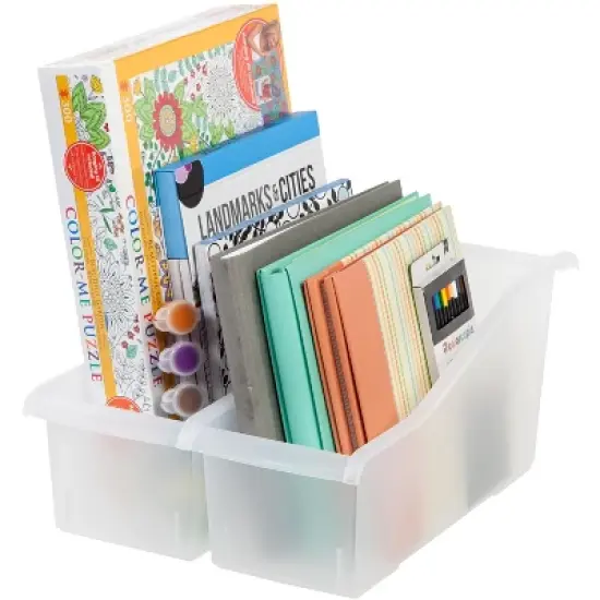 IRIS USA 8-Pack 15" x 6" Plastic Connecting Book and Paper Storage Container Bin, Vertical Standing Plastic Notebook File Craft Organizer Box, Clear image {5}