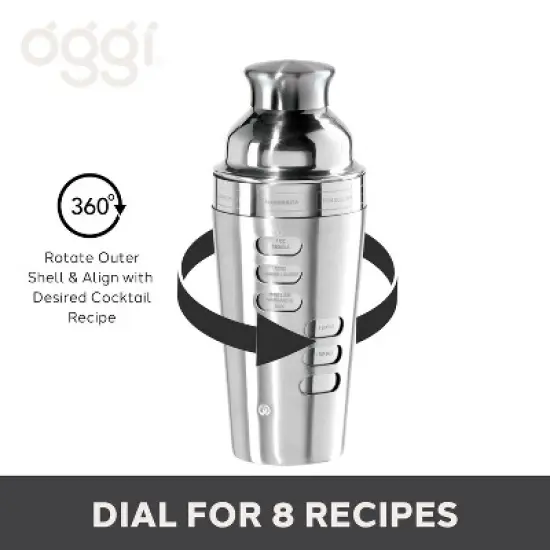 Oggi 23oz Dial a Drink Cocktail Shaker Stainless Steel: Hand Wash, 10" Height, 23oz Capacity, Silver, 3.75" Width & Depth image {4}