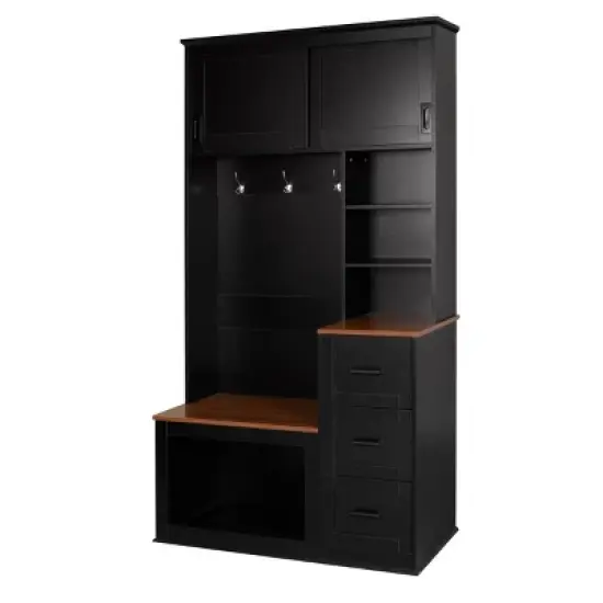 FURNIinspire Hall Trees Clothes Rack Hat Organizer Coat Rack Entryway Bench With 3 Shelves, Drawers, 3 Hooks For Hallway, Black, 16.5"*40.2"*71.3" image {3}