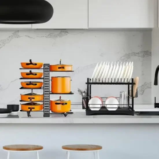 MaseiKar 8 Tier Pot and Pan Organizer Rack for Cabinet With 3 DIY Methods, Adjustable Organizer for Pots, Pans and Lids with Utensil Holders image {7}