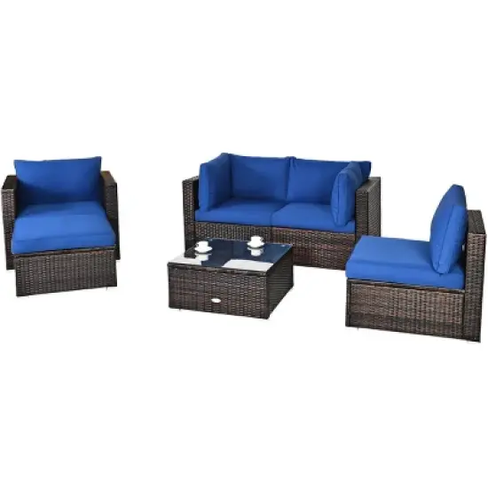 Tangkula 6PCS Rattan Patio Furniture Set Cushioned Sofa Chair Ottoman Turquoise/Red/Navy/Black/White image {9}