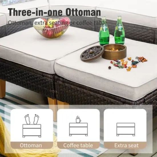 Captiva Designs 9pc Wicker Outdoor Patio Rattan Sectional Conversation Set with Cushioned Ottoman image {5}