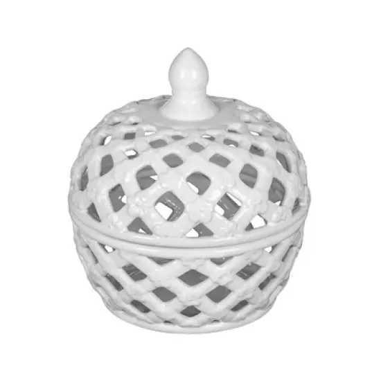 D8x9.5in White Ceramic Lidded Jar with Lattice Design image {11}