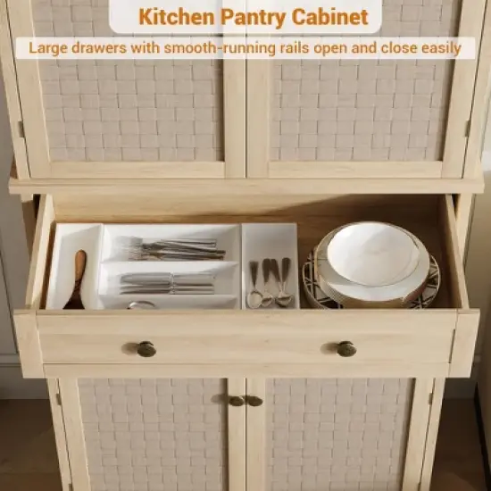 72-Inch Tall Narrow Kitchen Pantry Cabinet with 4 Doors & Drawer, Adjustable Shelves, Farmhouse Wooden Storage Cupboard, Natural Finish image {7}