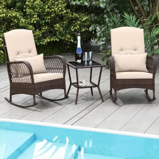 Tangkula 3 Piece Rocker Set Outdoor Wicker Rocking Chairs with Double-Layer Rattan Rocker Chair Set with Back Cushions & Pillows Beige/Gray/Blue/Red image {3}