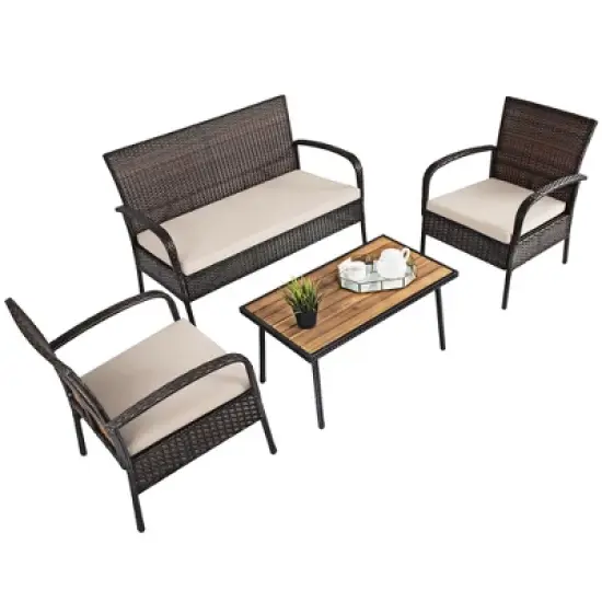 Costway 4PCS Patio Rattan Furniture Set Outdoor Conversation Set Coffee Table w/Cushions image {7}