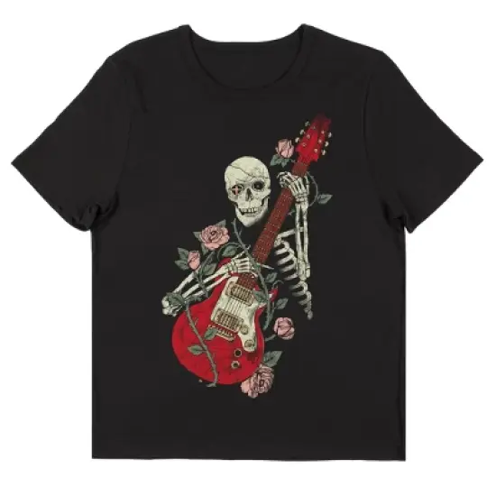 Skeleton With Guitar And Roses Crew Neck Short Sleeve Black Women's T-shirt image {2}