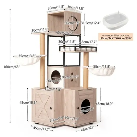 Multipet 63" Multi-Functional Cat Tree with Litter Box - Includes Removable Washable Cushion, Scratching Posts & Toy Hanger image {6}
