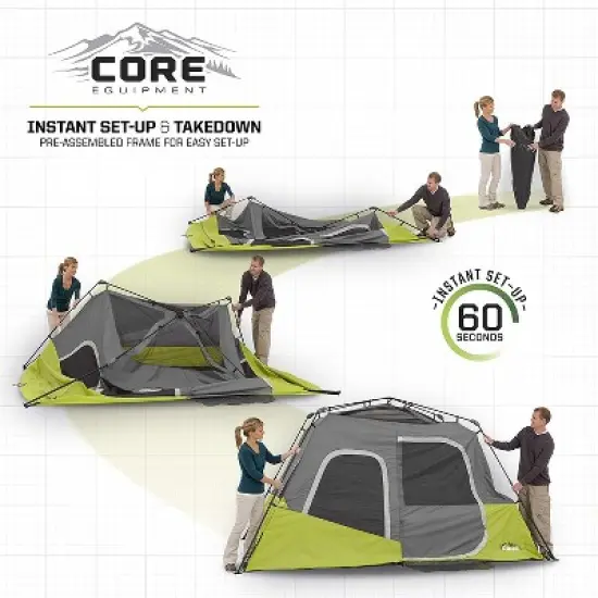 Core Equipment 11'x9' 6 Person Durable Quick Setup Camping Tent with Air Vents, Loft, Rainfly, Room Divider and Carry Bag - Red image {5}