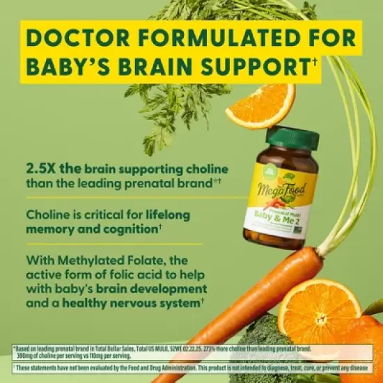MegaFood Baby & Me 2 Prenatal Multi With Iron, Choline & Methylated Folate, Vegetarian, 120 Tablets image {1}