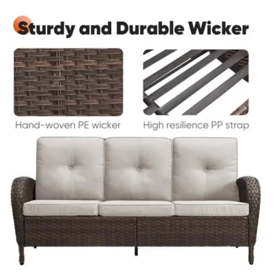 Buenhomino Outdoor Patio Furniture - Wicker Sofa with Removable Cushion, 3 Seater Rattan Couch with Deep Seat, High Backrest for Balcony, Backyard image {5}