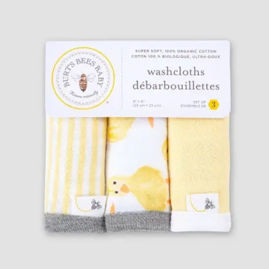 Burt's Bees Baby&reg; Baby Girls' Set of 3 Little Ducks Washcloths - Yellow image {1}