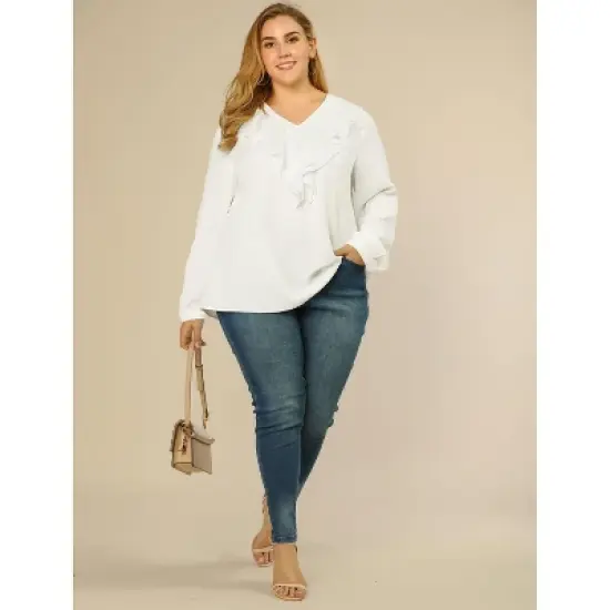 Agnes Orinda Women's Plus Size Work Fashion V Neck Chiffon Ruffle Top image {2}