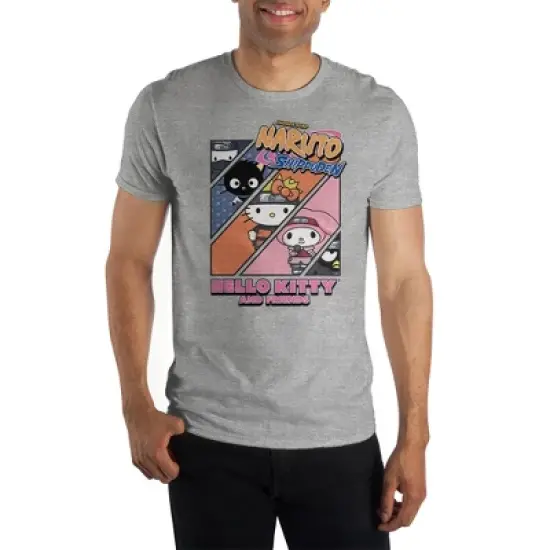 Hello Kitty & Naruto Anime Cartoon Crossover Mens Grey Tee image {1}