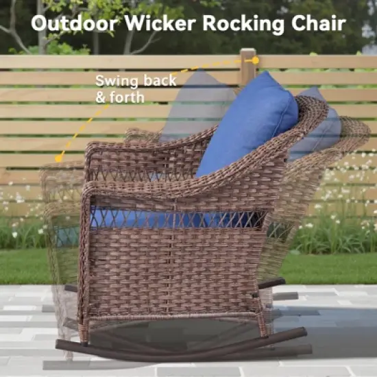 Patio Furniture Set 3 Pieces, Wicker Rocking Bistro Set with Thick Cushions, Outdoor Rocker Chairs and Coffee Table for Porch, Backyard or Garden image {1}