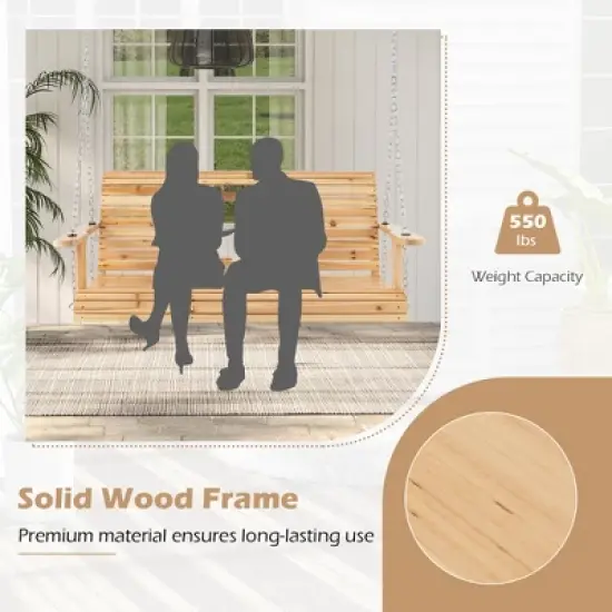 Costway 2-seat Wood Swing Bench with Folding Cup Holder and Sturdy Metal Hanging Chains image {7}