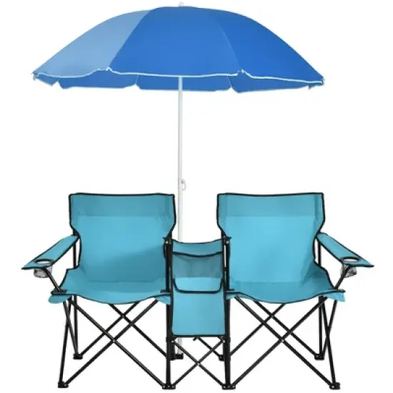 Portable Folding Picnic Double Chair W/Umbrella Table Cooler Beach Camping Turquoise\Black\Red\Gray image {12}