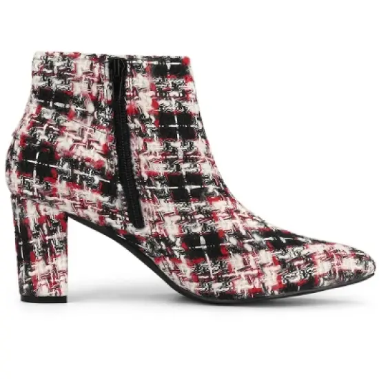 Allegra K Women's Plaid Pointed Toe Chunky Heels Ankle Boots image {6}