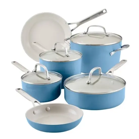 KitchenAid Hard Anodized 10pc Nonstick Ceramic Cookware Pots and Pans Set - Blue Velvet: Tempered Glass Lids, Stainless Steel Handles image {11}