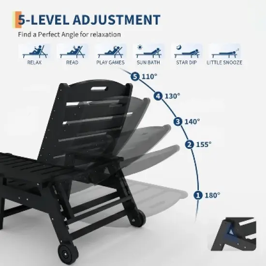 Lounge Chair for Outside, Outdoor HDPE Chaise Loungers with Cup Holder, Resin Pool Lounge Chair with Rolling Wheels image {1}