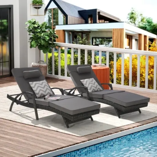 Foldable Wicker Outdoor Patio Chaise Lounge Set Of 2,Outdoor Reclining Lounge Chair Recliner Up To 150&deg; With Cushion And Armrest -Maison Boucle image {9}