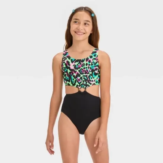 Girls' 'Wild Cat' Cheetah Printed One Piece Swimsuit - art class&trade; Black image {3}