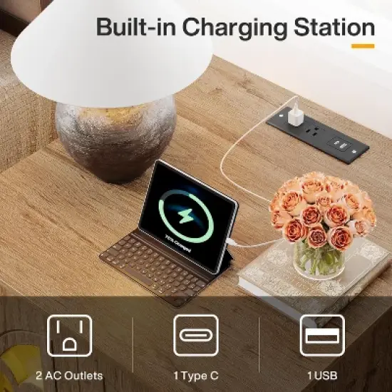 Tribesigns Nightstand with Charging Station & Light, 23.6" Square Night Stand Wooden Bedside Table with Outlet, End Table with Storage, Brown image {3}