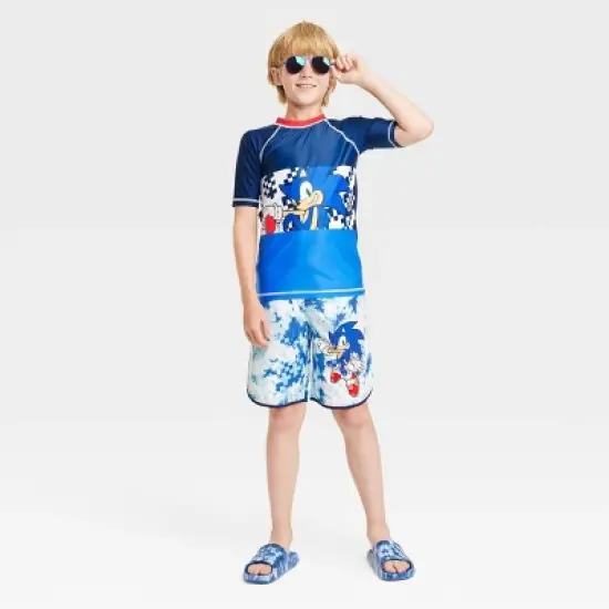 Boys' Sonic the Hedgehog Short Sleeve Rash Guard Swimsuit Top - Blue image {2}