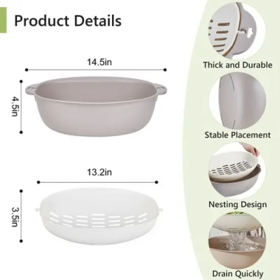 VECELO 2 In 1 Colander Strainer with Bowl Set, Fruit Vegetable Washing Colanders & Food Strainers, Double Layer Colander for Kitchen, Gray image {2}