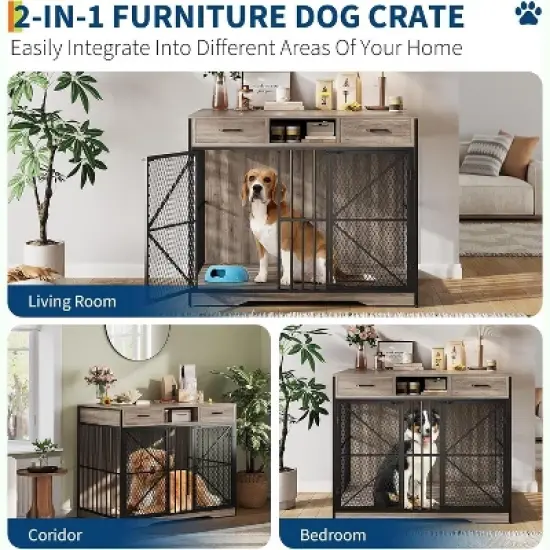 Acekool 44" Dog Crate Furniture with Drawers, Double Doors, Open Compartment, Heavy Duty Indoor Dog House End Table, Brown & Black image {5}