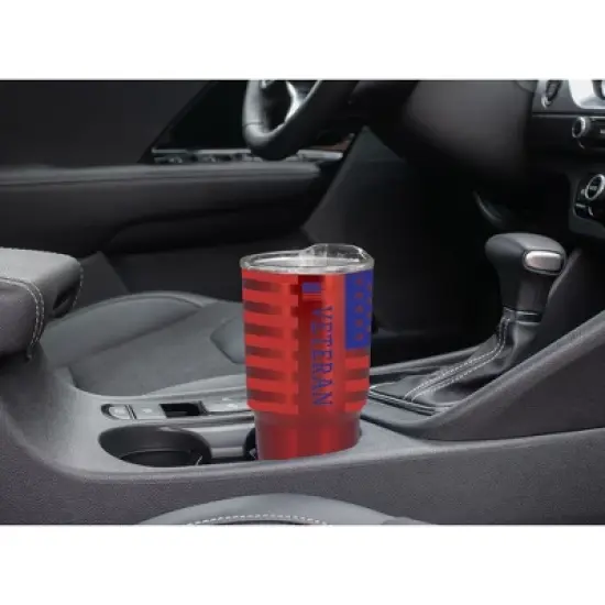 100 North 30 Ounce Stainless Steel On the Go Travel Tumbler With Push Top Lid, American Flag Veteran Red image {4}