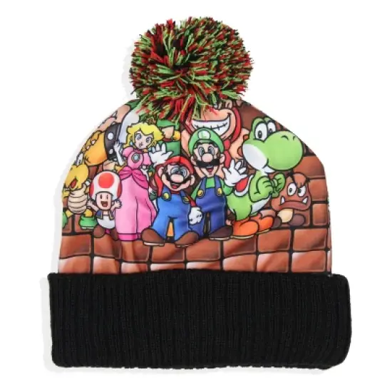 Nintendo Super Mario Multi Character Embroidered Logo Cuffed Pom Beanie Hat Multicoloured image {3}