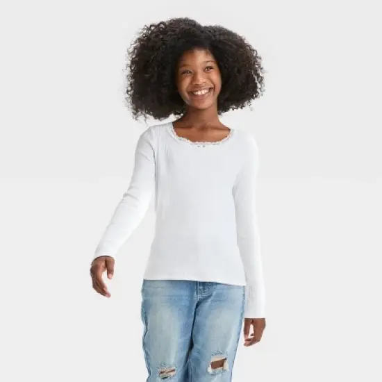 Girls' Long Sleeve Pointelle Lace T-Shirt - art class&trade; image {3}