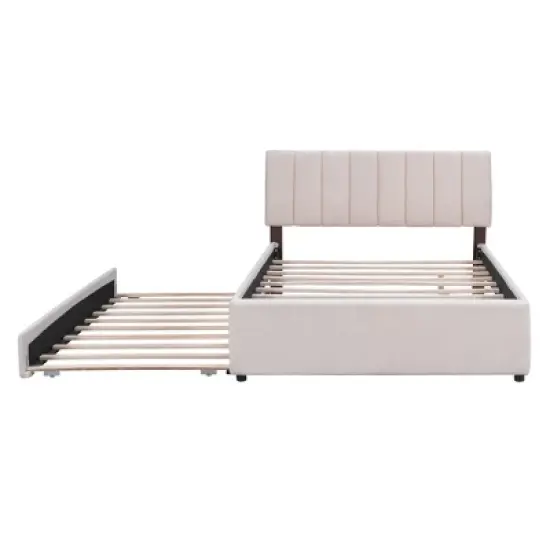 Queen/Full/Twin Size Teddy Fleece Upholstered Platform Bed with Trundle Bed and LED Lights-ModernLuxe image {4}