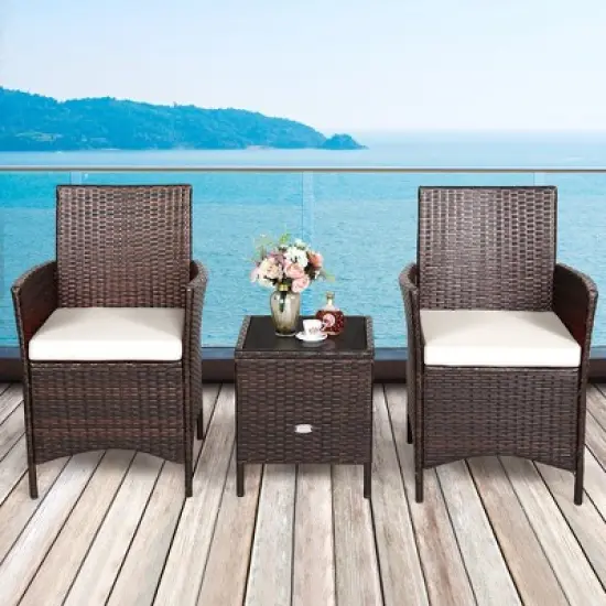 Costway 3PCS Patio Rattan Furniture Set Cushioned Sofa Glass Tabletop Deck Red\Blue\ White image {12}