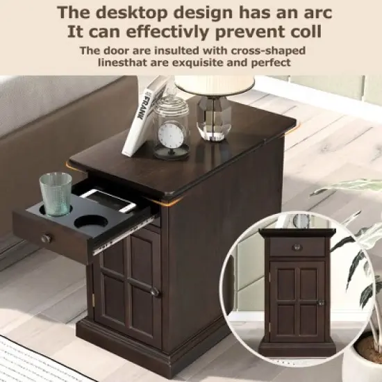 Classic Vintage End Table with USB Ports and a Multipurpose Drawer with Cup Holders - ModernLuxe image {8}