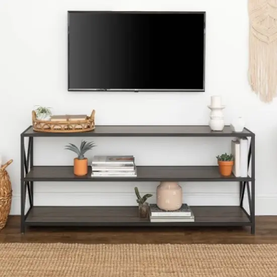 Modern Industrial X Frame Metal and Wood Media Bookshelf - Saracina Home image {2}