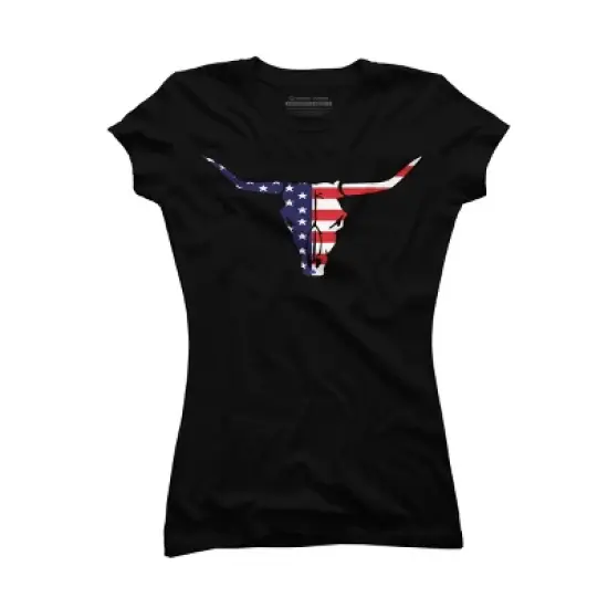 Junior's Design By Humans July 4th American Flag Bull Horns Skull By rasok T-Shirt image {2}