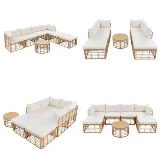 Outdoor 7-Pieces Sectional Sofa Set, All-Weather Rattan Sofa Set with Coffee Table, Freely Combined Sofa with Polyester Cushions&ndash;Cuddlewood image {4}