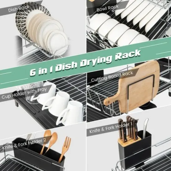 Costway 2 Tier Dish Drying Rack Rustproof Dish Rack and Drainboard Set Kitchen Counter image {3}