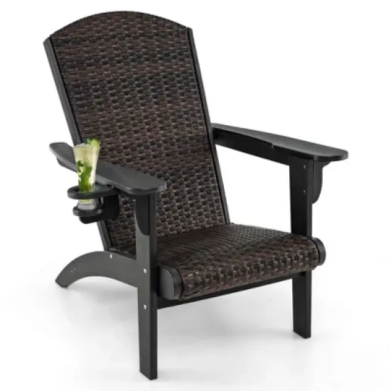 Costway Patio Adirondack Chair with Rattan Padded Seat Wide Armrests & Hidden Cupholder Black/Brown/Gray/White image {8}