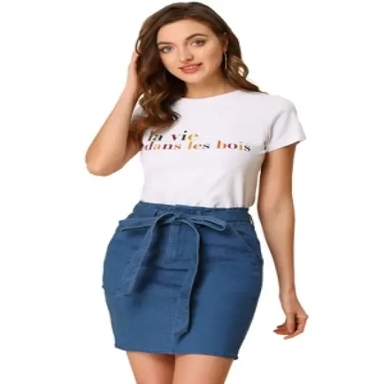 Allegra K Women's Summer High Waist Paper Bag Elastic Knot Belted Denim Skirt image {6}