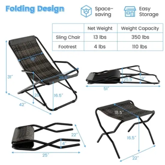 Costway Patio Folding Rattan Sling Lounge Chair Ottoman Rocking Footrests Armrest image {2}