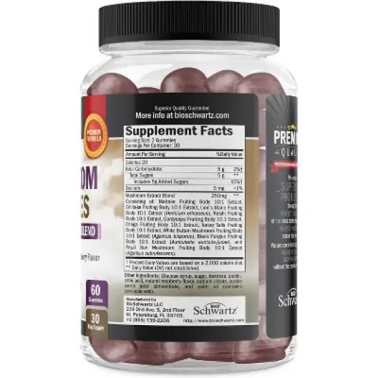 Mushroom Gummies for Adults, 10in1 Mushroom Supplement for Mood and Focus with Lions Mane, Turkey Tail, & More, Raspberry Flavor, Bioschwartz, 60ct image {5}