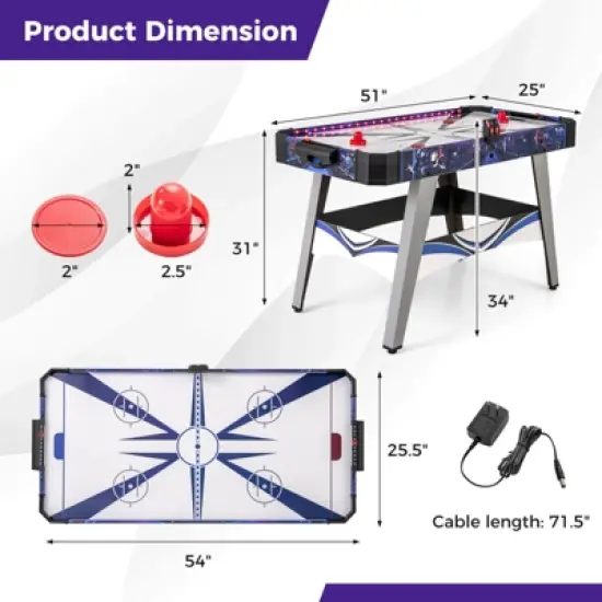 Costway 54'' Air Hockey Game Table w/2 Pushers Pucks Adjustable Foot Pads LED Scoreboard image {2}
